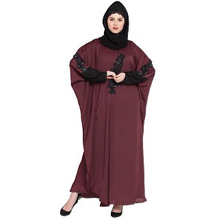 Designer Kaftan abaya with patch work- Maroon and Black